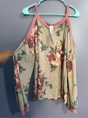 Floral Cold-Shoulder Blouse with Dusty Pink Trim